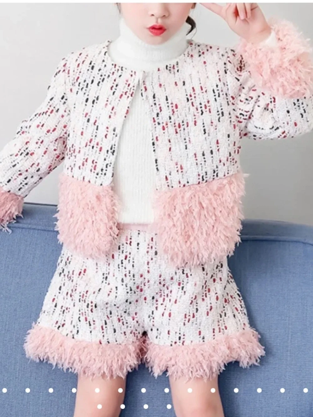 Ivory and pink Tweed Two-Piece Set with Blush Pink Feather Trim